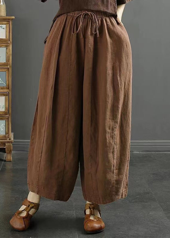 Coffee Lace Up Linen Thin Harem Pants High Waist