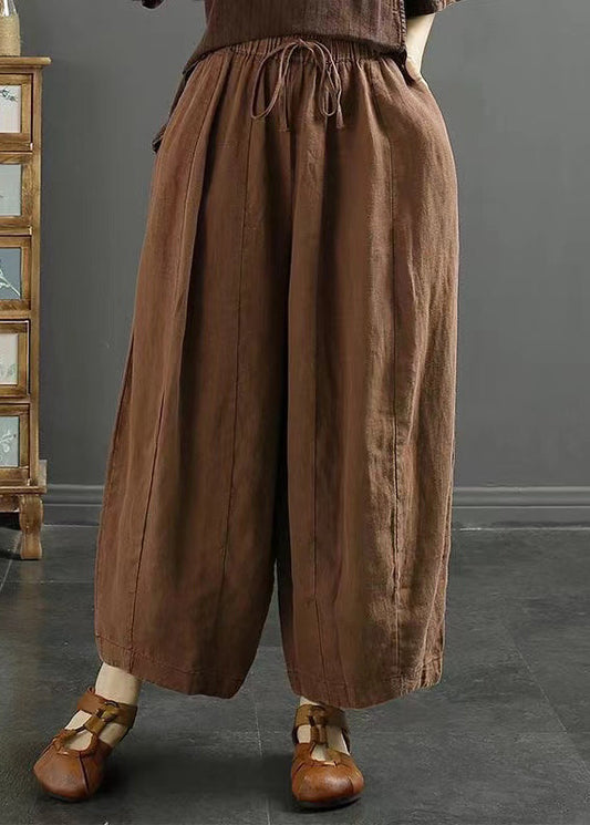 Coffee Lace Up Linen Thin Harem Pants High Waist