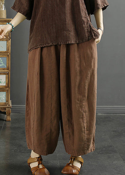 Coffee Lace Up Linen Thin Harem Pants High Waist