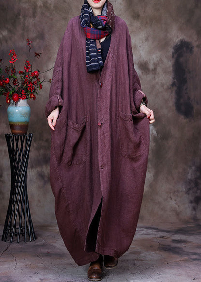 Chocolate Linen Trench Coat V Neck Handmade Long Sleeve