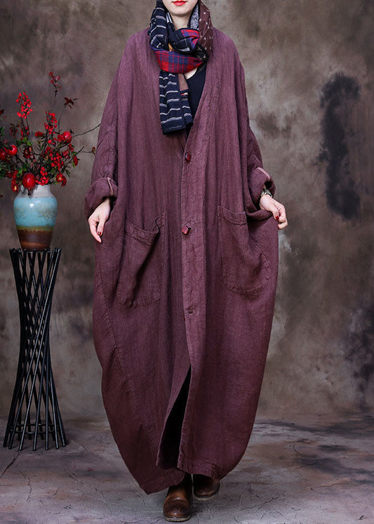 Chocolate Linen Trench Coat V Neck Handmade Long Sleeve