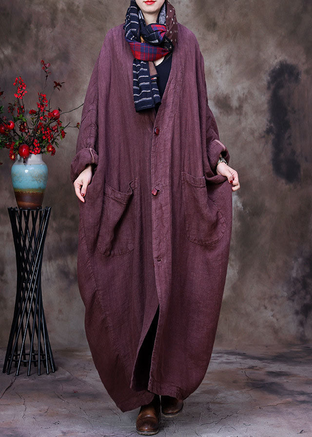 Chocolate Linen Trench Coat V Neck Handmade Long Sleeve