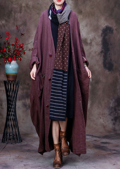 Chocolate Linen Trench Coat V Neck Handmade Long Sleeve