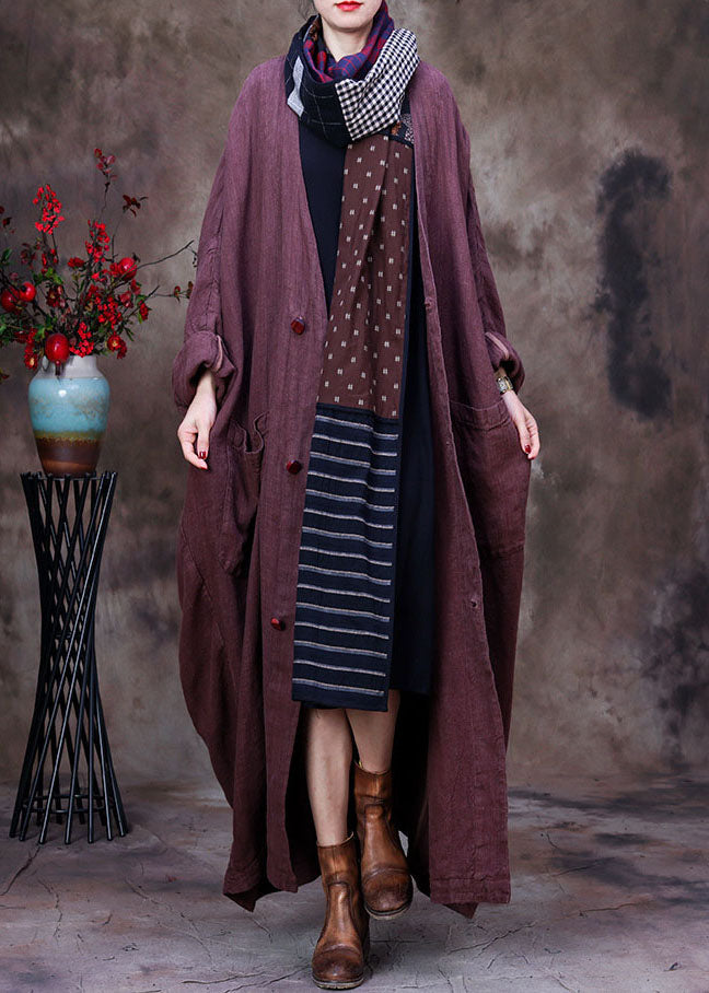 Chocolate Linen Trench Coat V Neck Handmade Long Sleeve