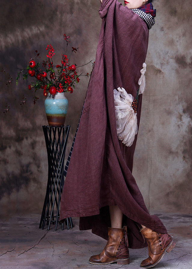 Chocolate Linen Trench Coat V Neck Handmade Long Sleeve