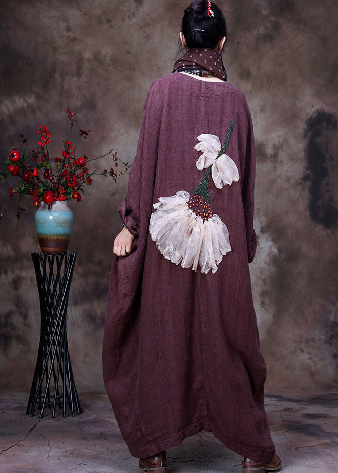 Chocolate Linen Trench Coat V Neck Handmade Long Sleeve