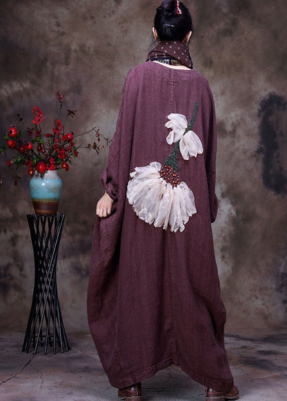 Chocolate Linen Trench Coat V Neck Handmade Long Sleeve
