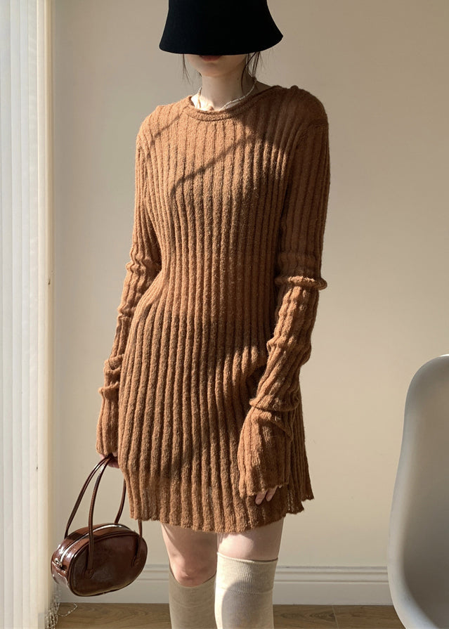 Coffee Loose Knit Sweater Mid Dress O-neck Spring