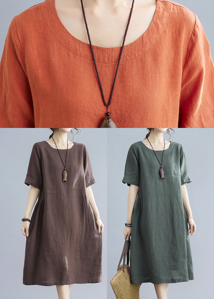 Chocolate Original Design Pocket Linen Holiday Dress Short Sleeve