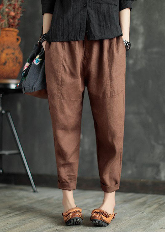 Chocolate Pockets Linen Harem Pants Elastic Waist Summer