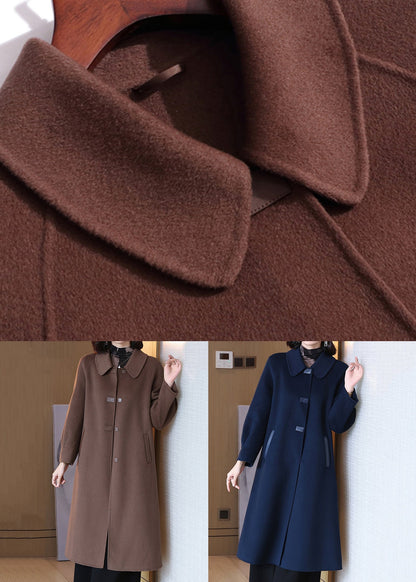 Coffee Wool Coats Peter Pan Collar Long Sleeve