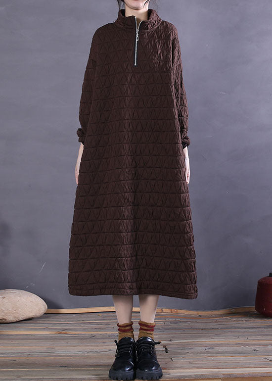 Chocolate Stand Collar Cotton Long Dress Winter