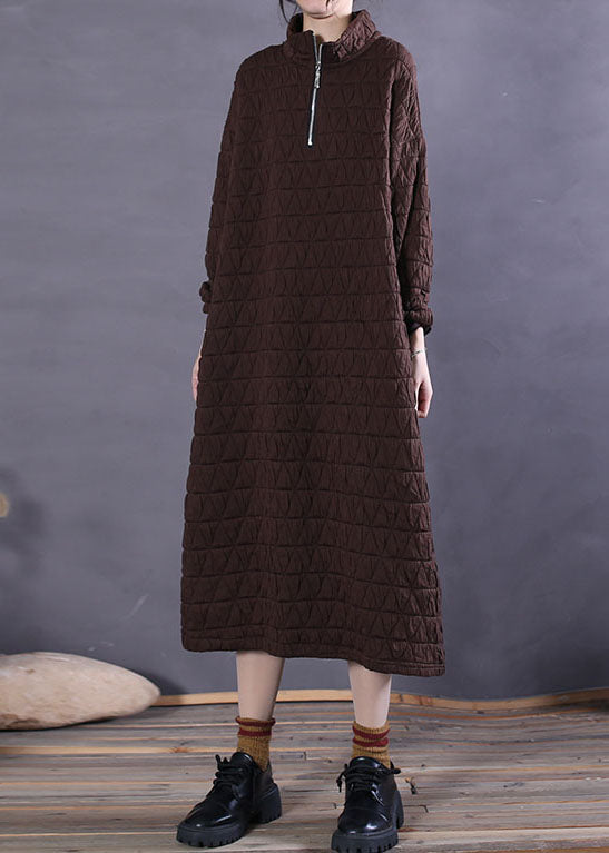 Chocolate Stand Collar Cotton Long Dress Winter