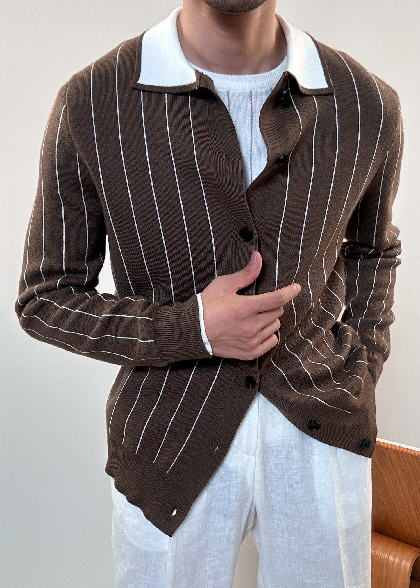 Coffee Striped Button Cozy Winter Knit Cardigan Peter Pan Collar