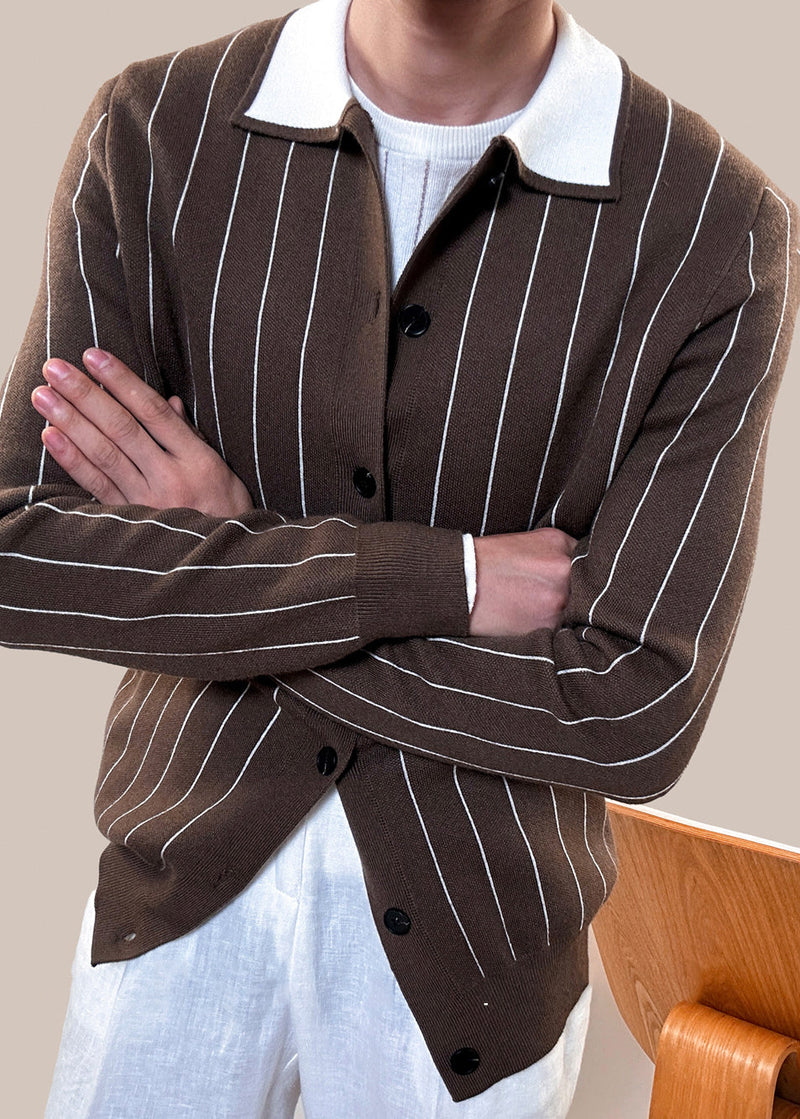 Coffee Striped Button Cozy Winter Knit Cardigan Peter Pan Collar