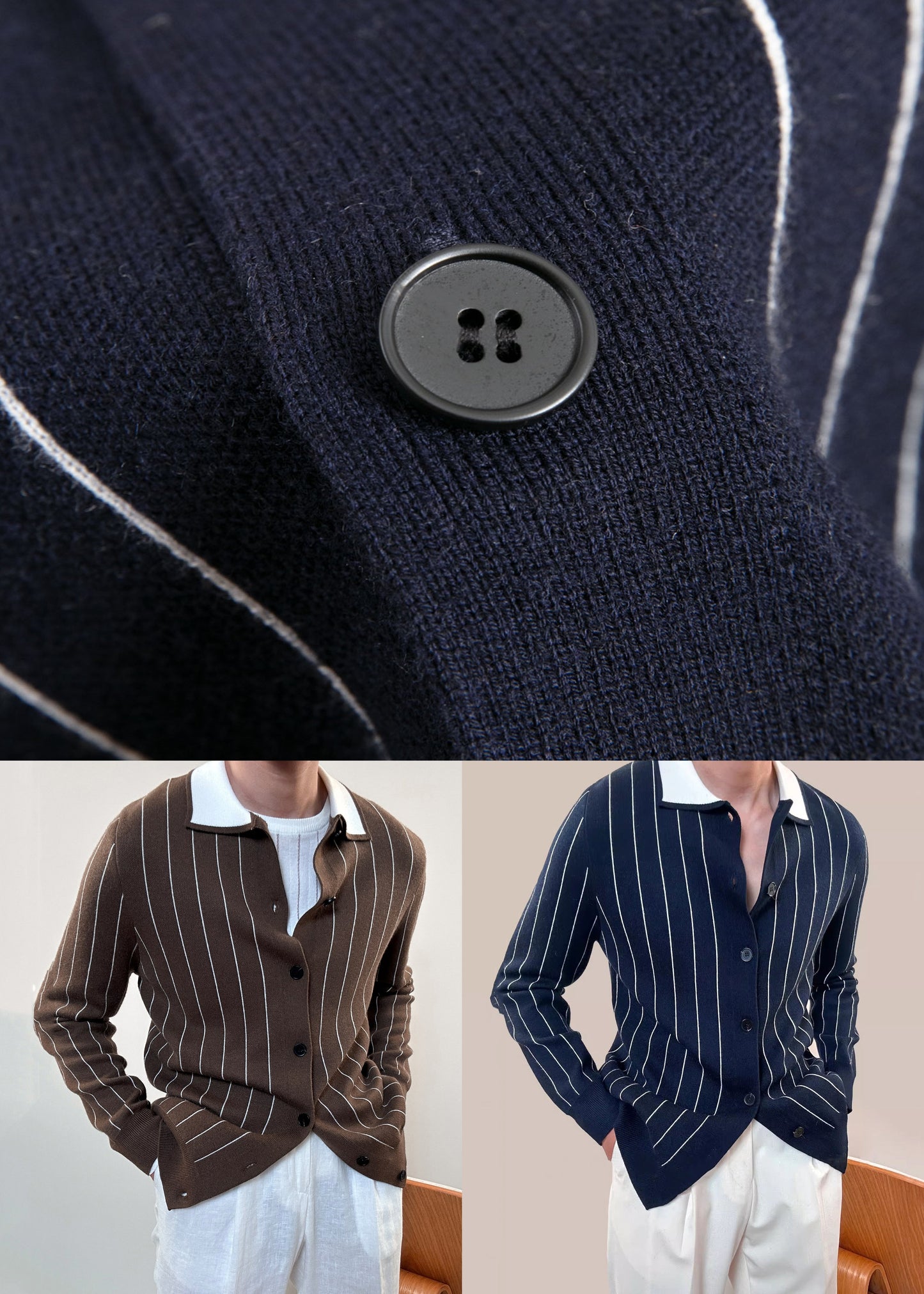 Coffee Striped Button Cozy Winter Knit Cardigan Peter Pan Collar
