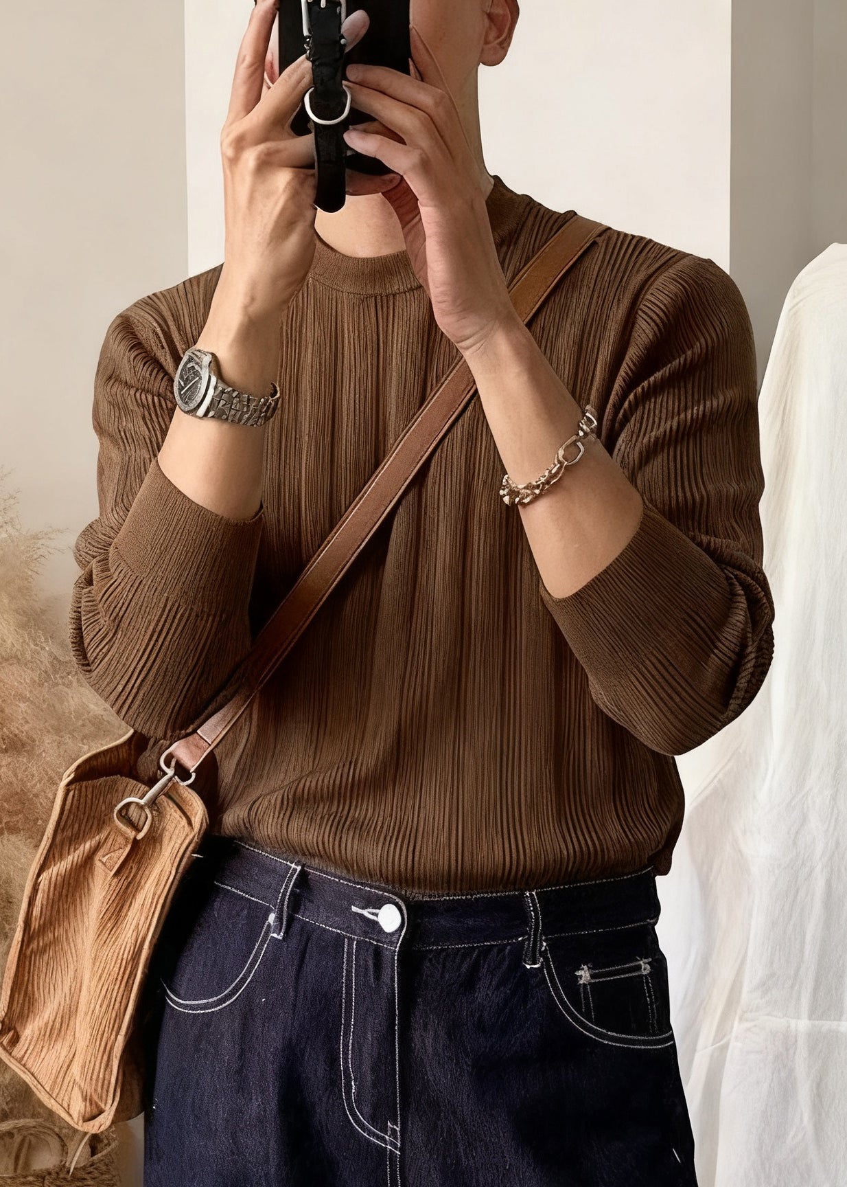 Coffee Striped Cozy Knit Winter Sweater O Neck