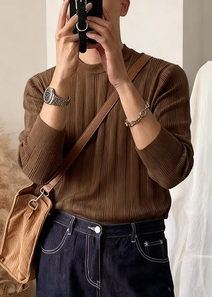 Coffee Striped Cozy Knit Winter Sweater O Neck