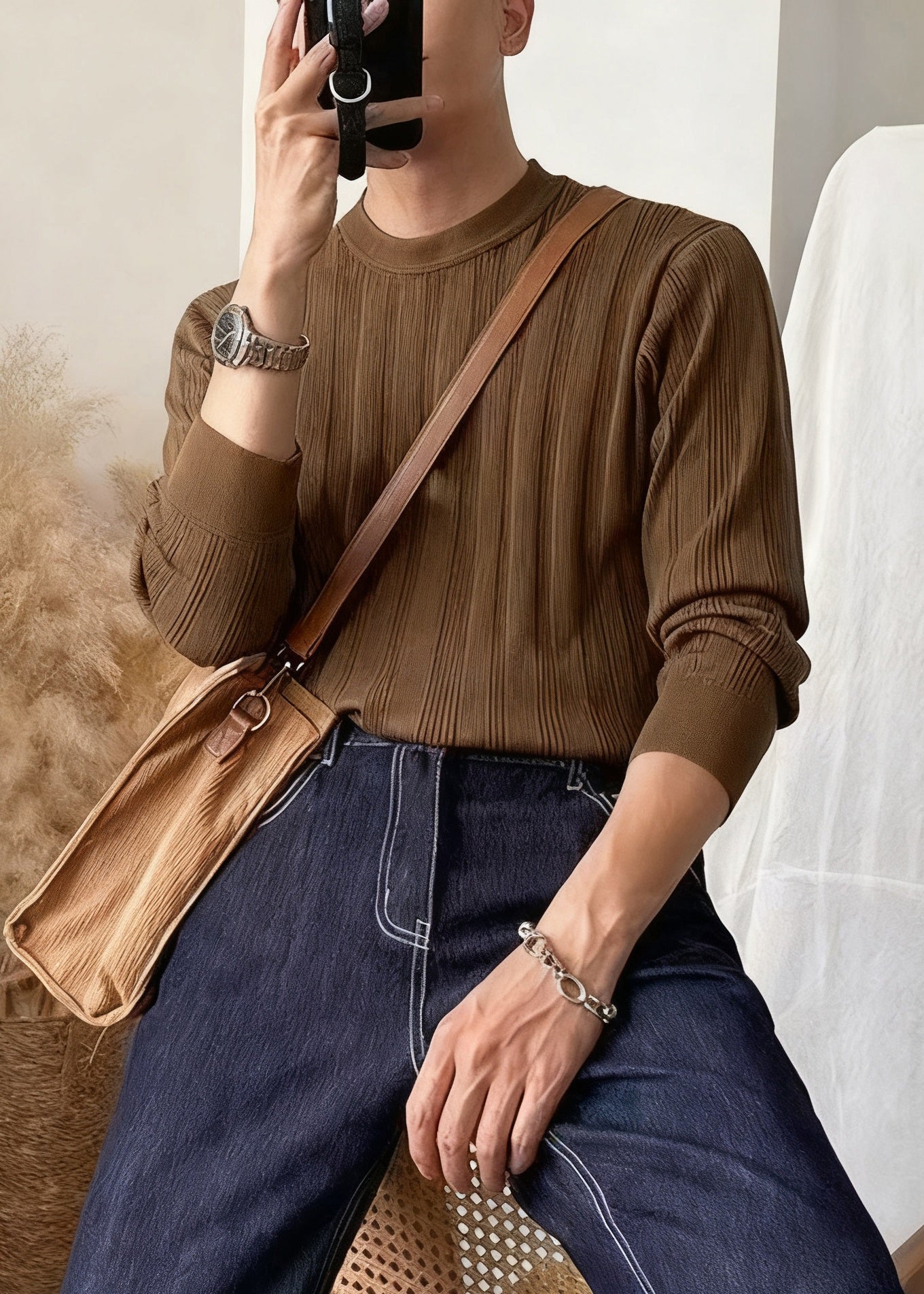 Coffee Striped Cozy Knit Winter Sweater O Neck