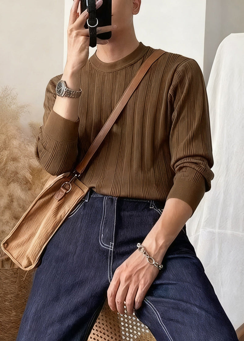Coffee Striped Cozy Knit Winter Sweater O Neck