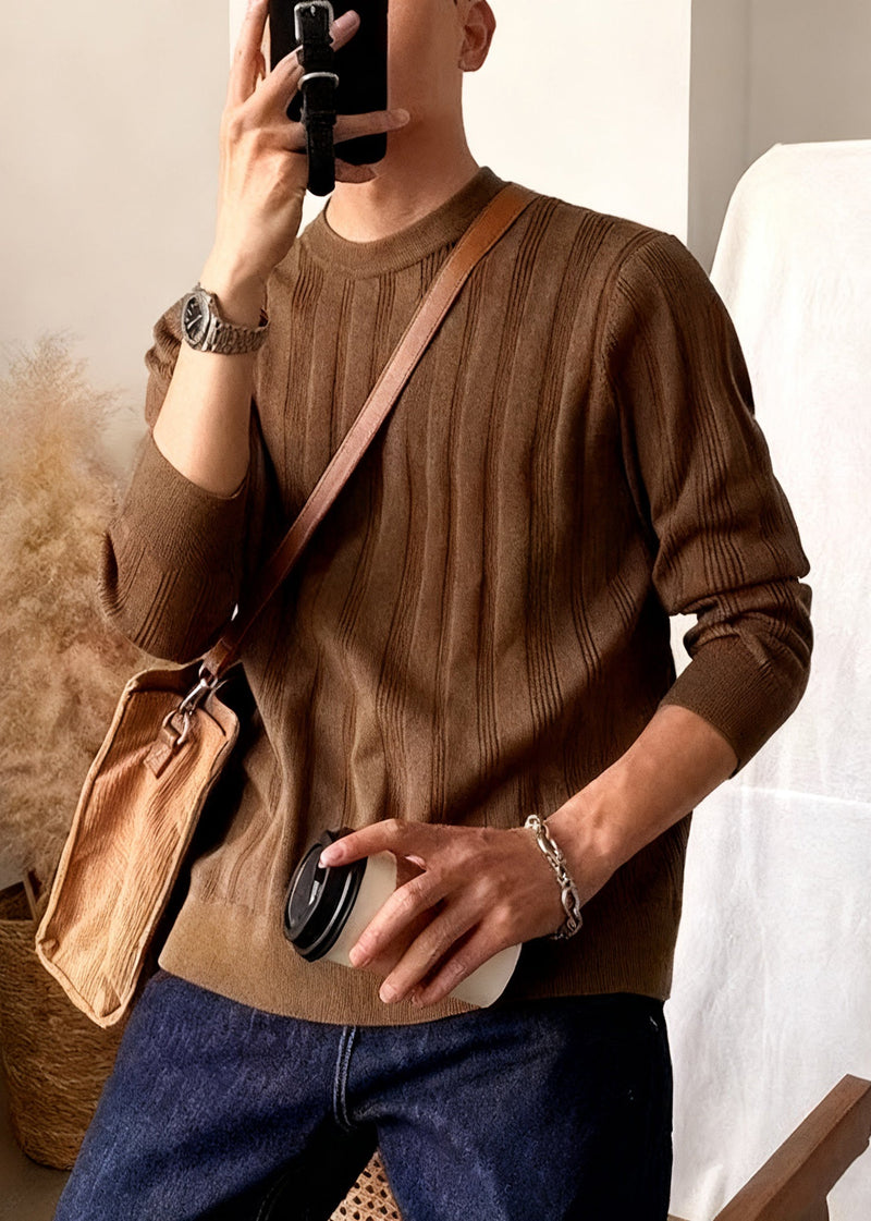 Coffee Striped Cozy Knit Winter Sweater O Neck