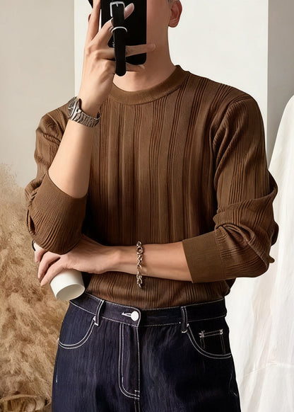 Coffee Striped Cozy Knit Winter Sweater O Neck