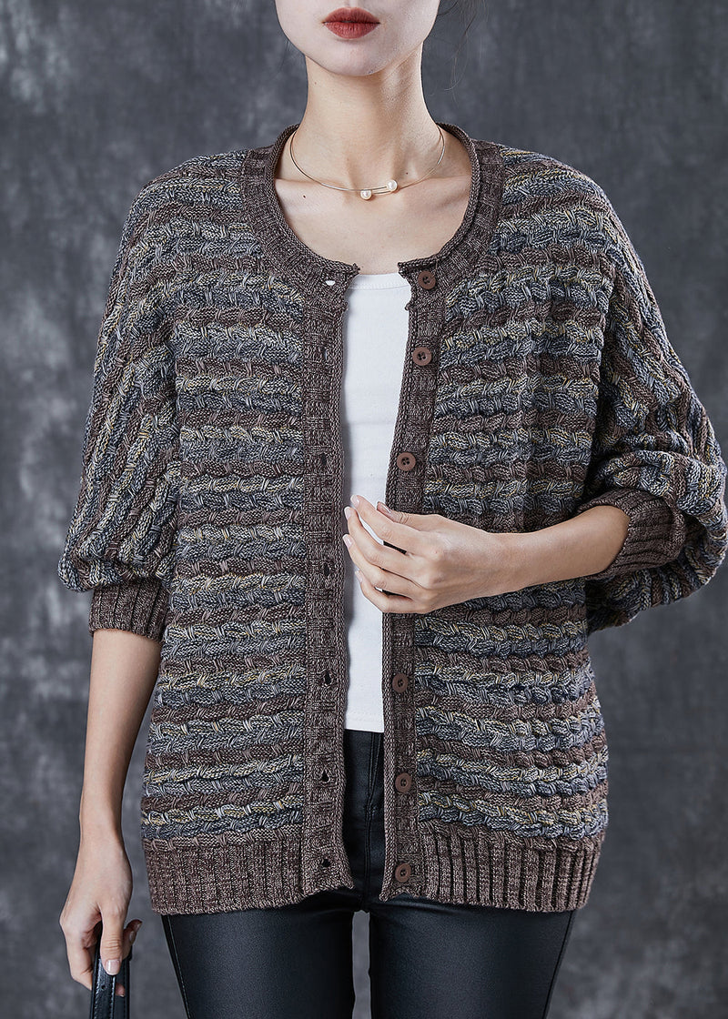 Coffee Striped Knit Cardigans Oversized O-neck Spring