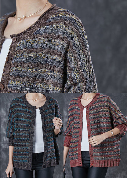 Coffee Striped Knit Cardigans Oversized O-neck Spring
