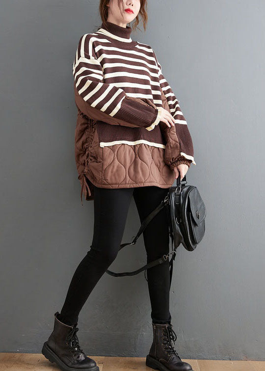 Chocolate Striped Knit Patchwork Fine Cotton Filled Drawstring Winter Sweaters Coat