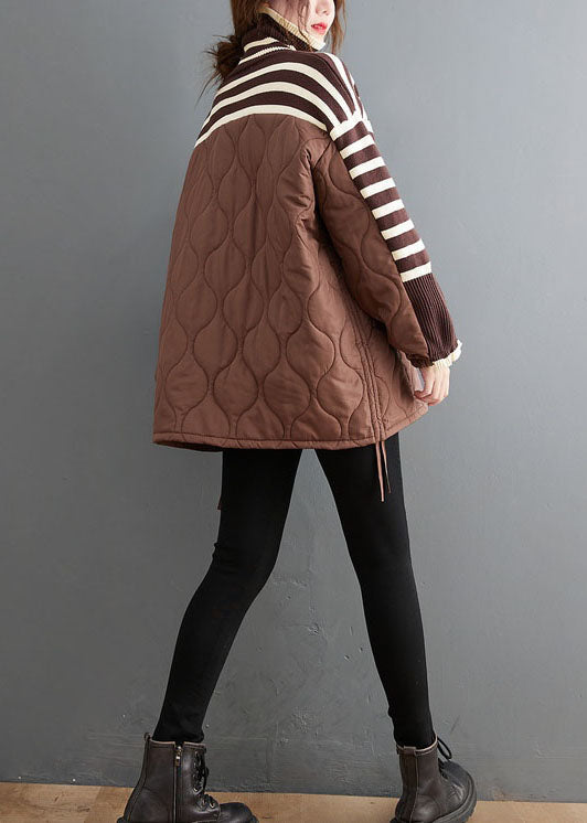 Chocolate Striped Knit Patchwork Fine Cotton Filled Drawstring Winter Sweaters Coat