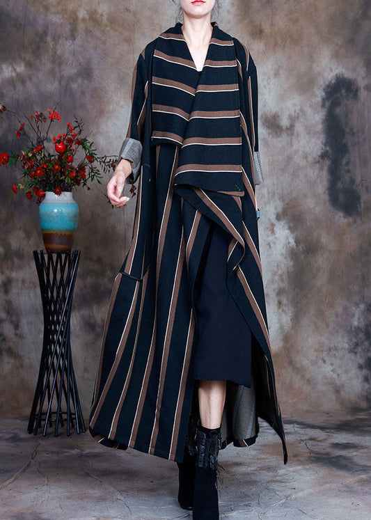 Chocolate Striped Woolen Trench Coats Pockets Spring
