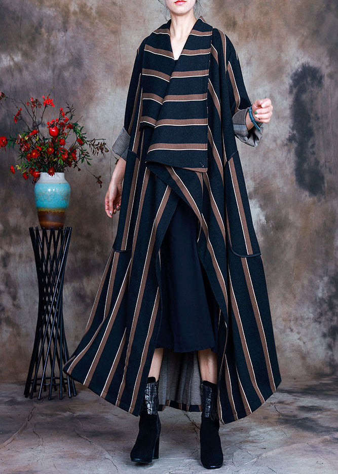 Chocolate Striped Woolen Trench Coats Pockets Spring