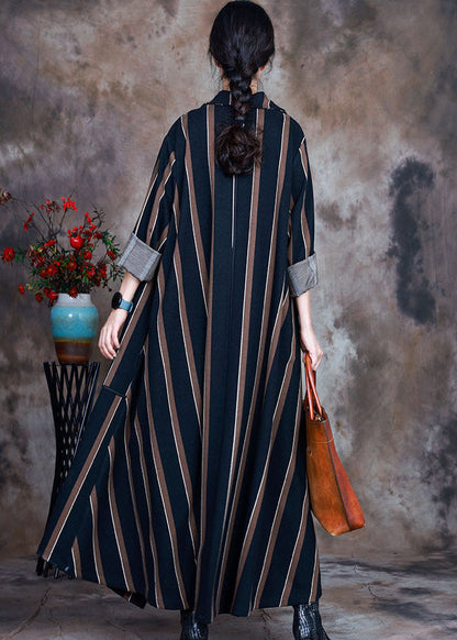 Chocolate Striped Woolen Trench Coats Pockets Spring