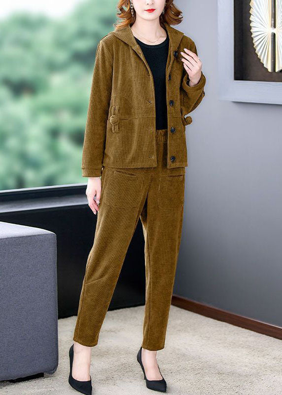 Chocolate Thick Corduroy Coats and Harem Pants Two Pieces Set Hooded Winter