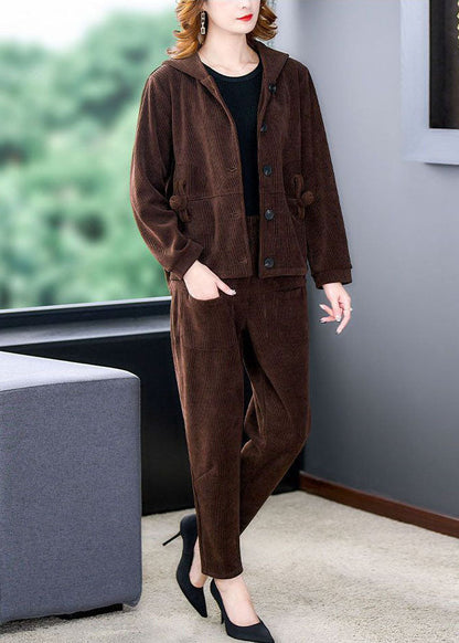 Chocolate Thick Corduroy Coats and Harem Pants Two Pieces Set Hooded Winter