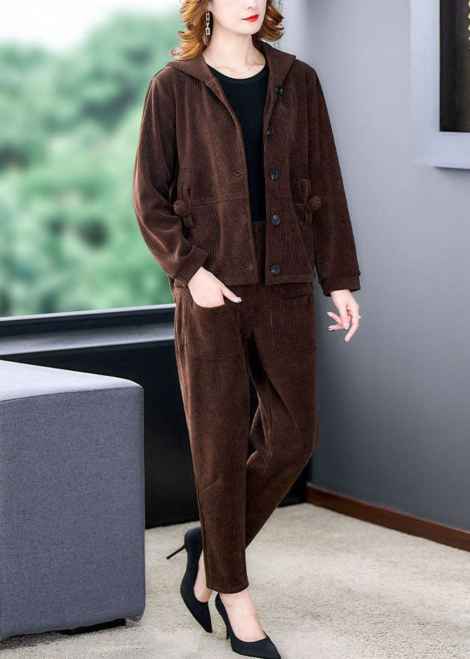 Chocolate Thick Corduroy Coats and Harem Pants Two Pieces Set Hooded Winter
