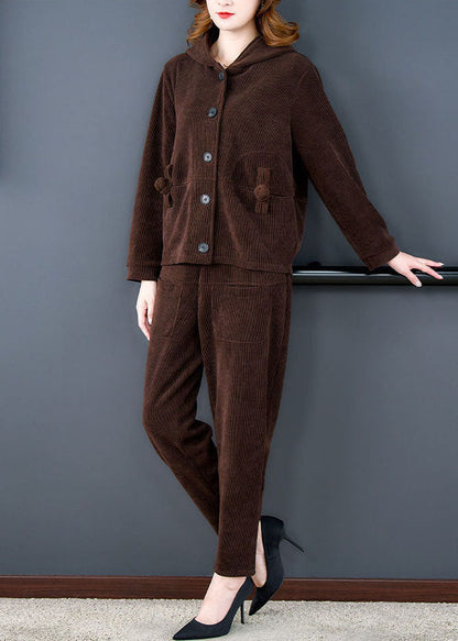 Chocolate Thick Corduroy Coats and Harem Pants Two Pieces Set Hooded Winter