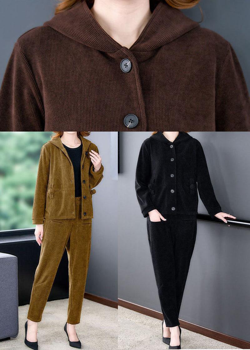 Chocolate Thick Corduroy Coats and Harem Pants Two Pieces Set Hooded Winter