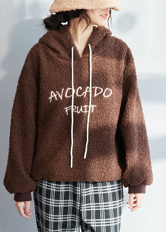 Chocolate Thick Fleece Wool Sweatshirt Letter Embroideried Winter