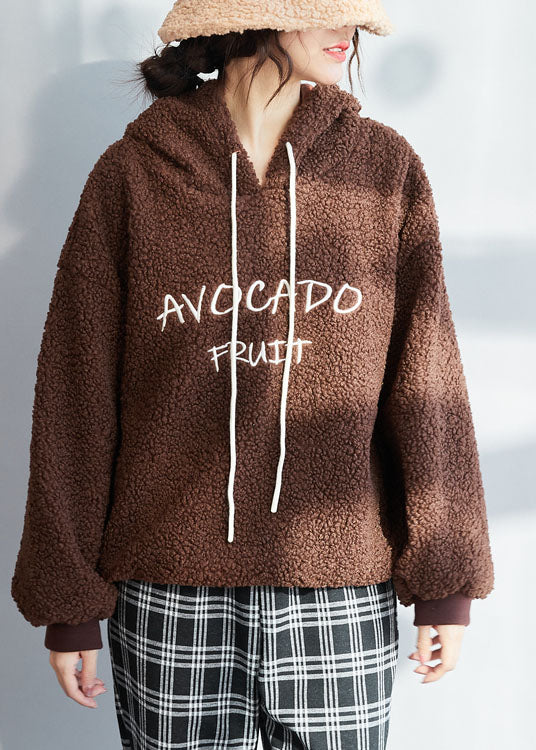 Chocolate Thick Fleece Wool Sweatshirt Letter Embroideried Winter
