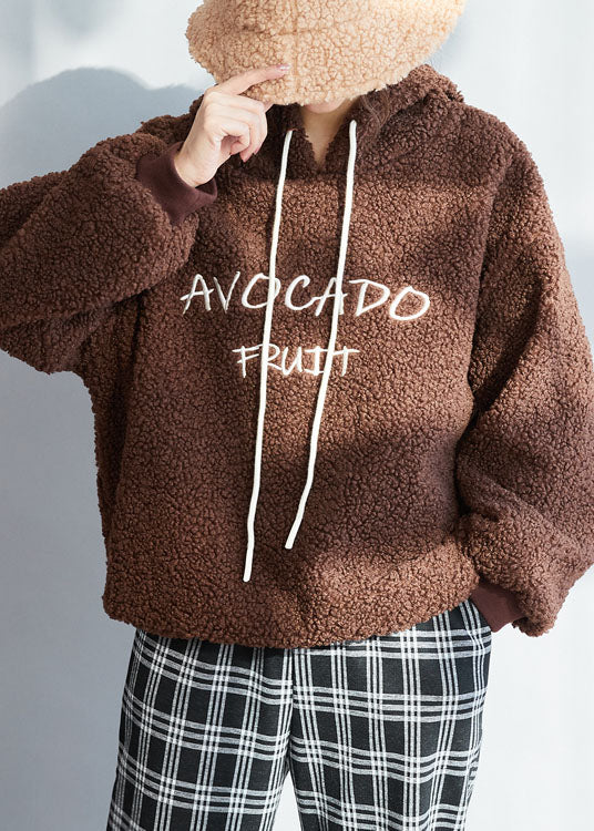 Chocolate Thick Fleece Wool Sweatshirt Letter Embroideried Winter