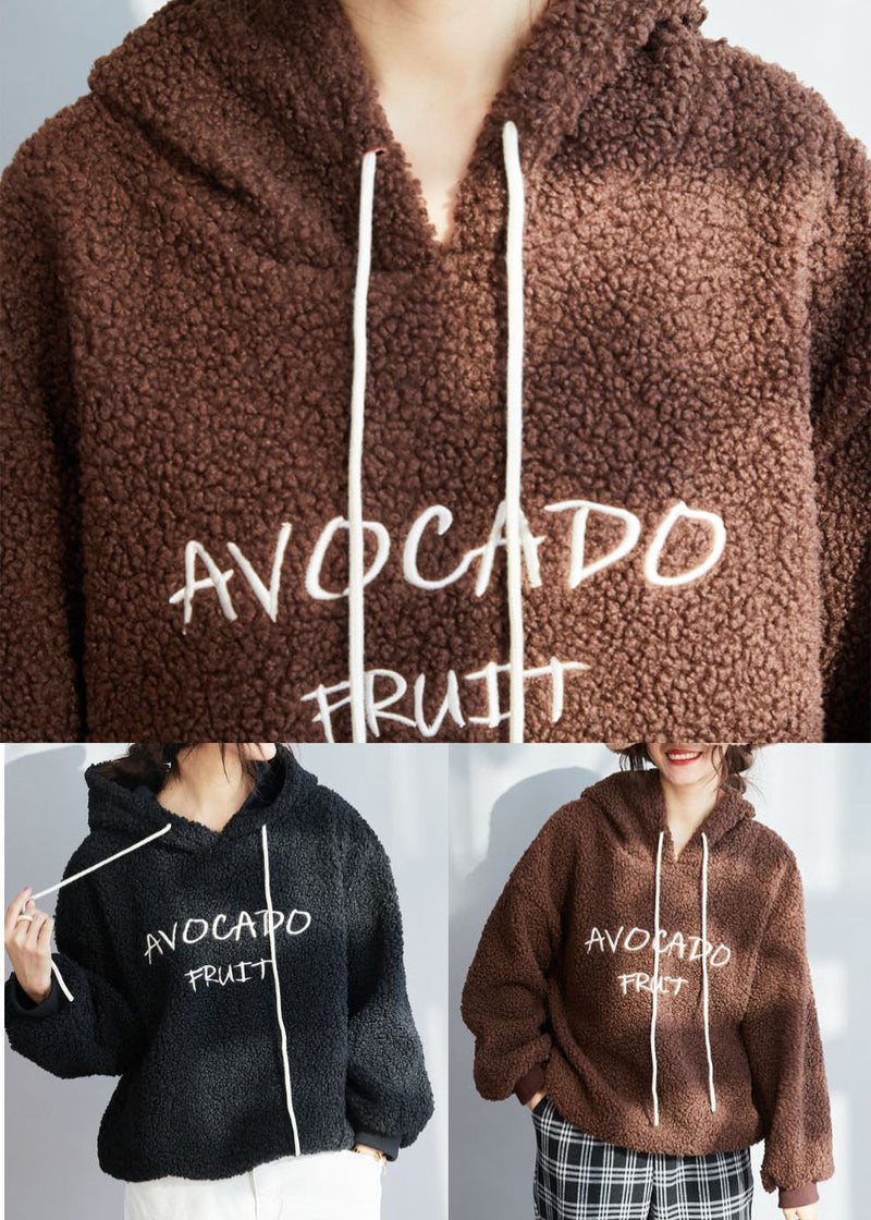 Chocolate Thick Fleece Wool Sweatshirt Letter Embroideried Winter