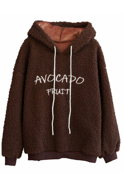 Chocolate Thick Fleece Wool Sweatshirt Letter Embroideried Winter