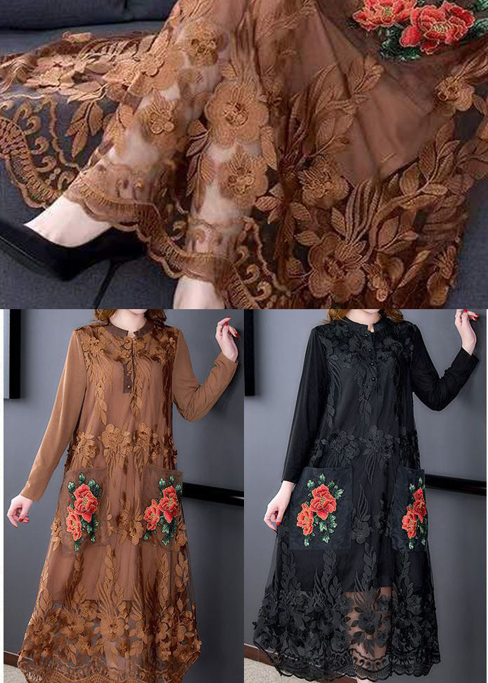 Chocolate Tulle Maxi Dress O-neck Embroideried Spring