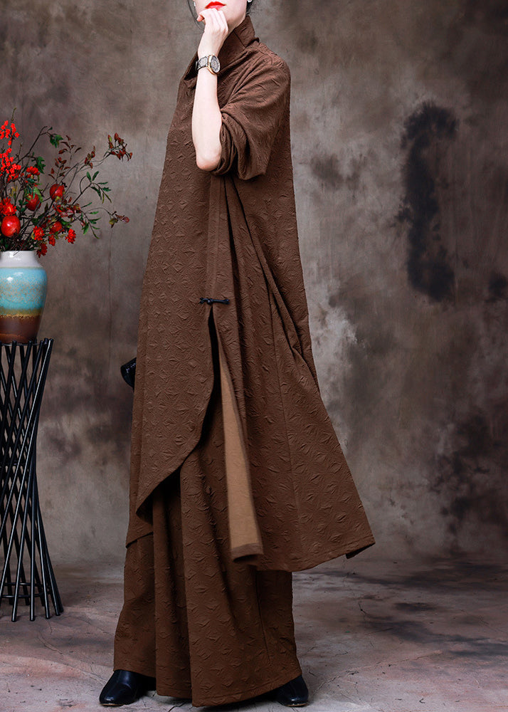 Chocolate Turtleneck Low High Design Silk Top and Wide Leg Pants Two Piece Set Fall