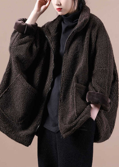 Chocolate Warm Teddy Faux Fur Loose Coats Zip Up Batwing Sleeve
