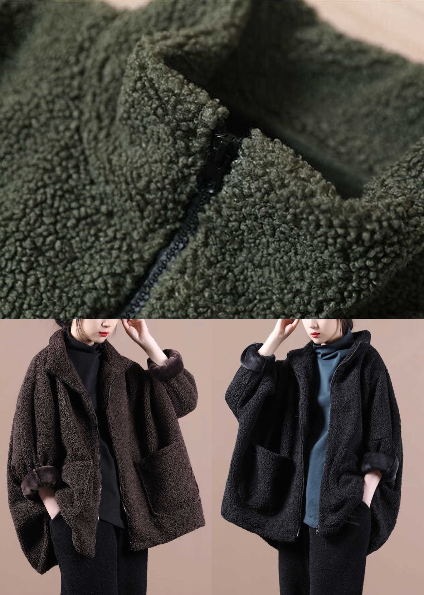 Chocolate Warm Teddy Faux Fur Loose Coats Zip Up Batwing Sleeve