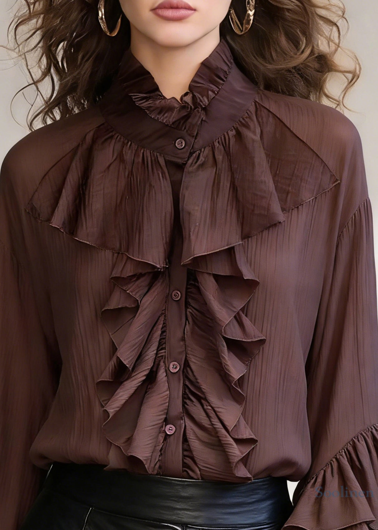 Coffee Wrinkled Button Cotton Shirt Stand Collar Spring