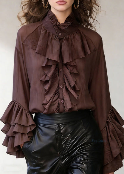 Coffee Wrinkled Button Cotton Shirt Stand Collar Spring