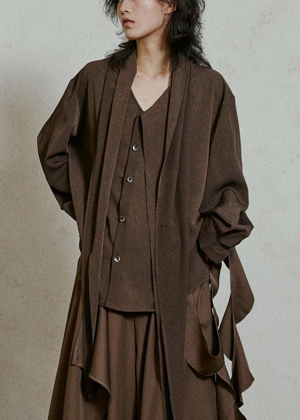 Coffee Wrinkled Button Top Lantern Sleeve